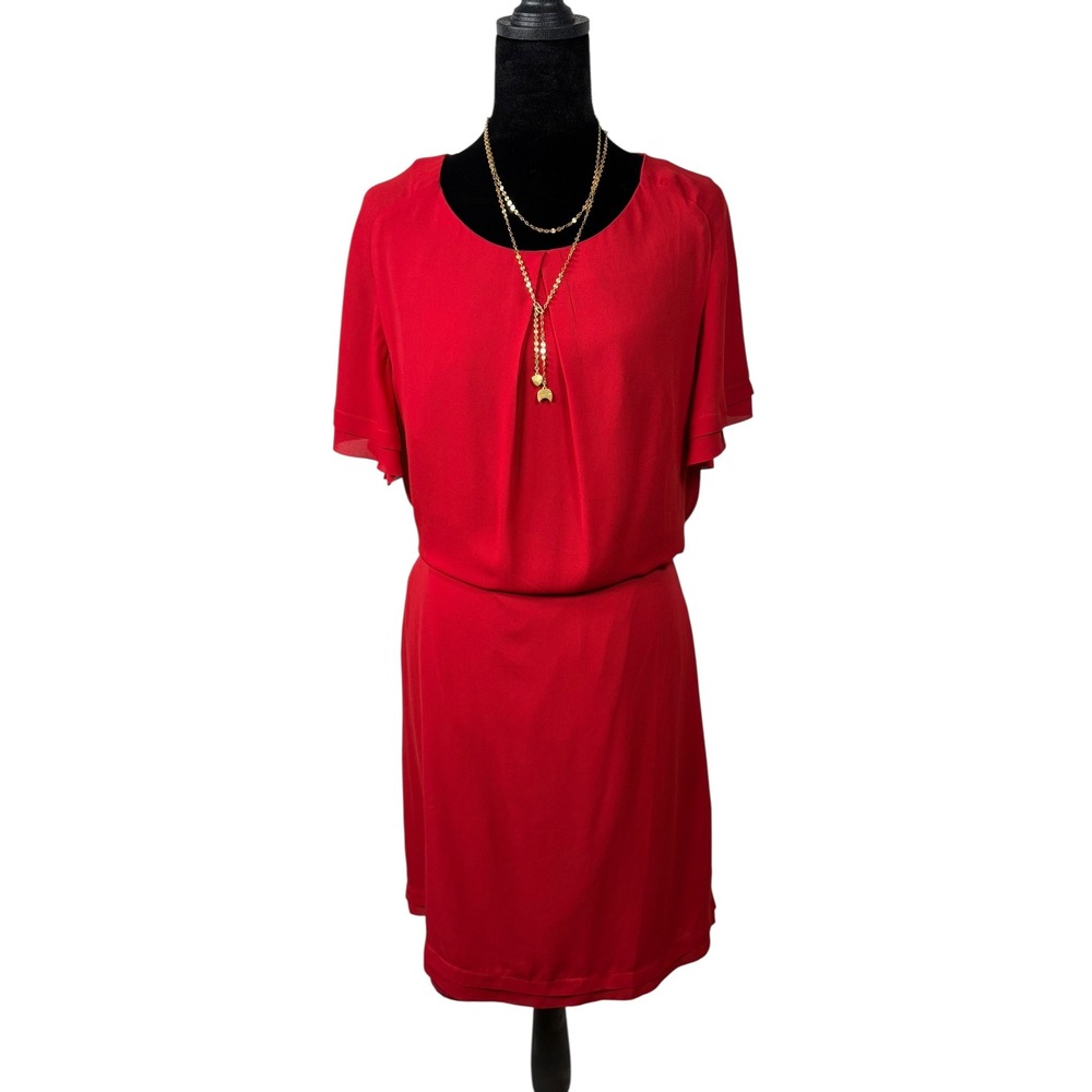 Banana Republic Red Pleated Dress Flutter Sleeve Belted Workwear Midi L